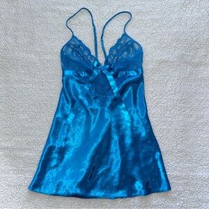 VTG lace slip dress teal blue ribbon bow adjustable fairy cottage whimsy M/L